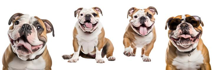 Set of Blissful English Bulldogs: Gleeful Pets Portraying Multiple Poses - Running, Playing, Jumping, Sitting, Close-Up, and Posing with Sunglasses, Isolated on Transparent Background, PNG