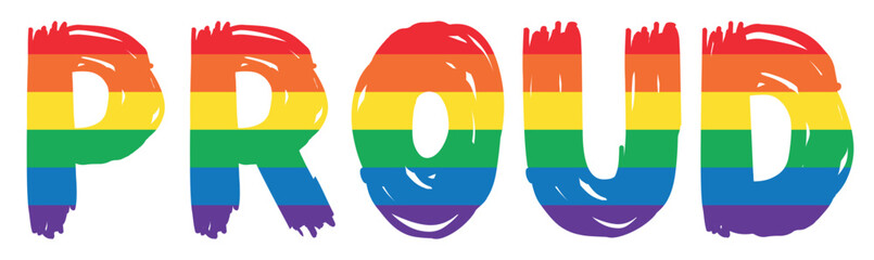 Text Proud isolated. Typography with LGBT Progress Pride flag colors. New LGBTQ Pride Flag. New Updated Intersex Inclusive Progress Flag LGBT, LGBTQ or LGBTQIA plus Pride. Vector illustration