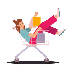 Young Woman Riding Shopping Tray Holding Shopping Bags. Profitable Offers, Discounts, Sales. Customer Day. Cartoon Flat Vector Illustration Isolated on White Background.