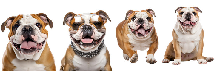 Set of Joyful English Bulldogs: Cheerful Canines Engaged in Different Activities - Running, Playing, Jumping, Sitting, Close-Up, and Sporting Sunglasses, Isolated on Transparent Background, PNG