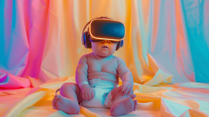 Obraz na płótnie Canvas Friendly and modern diaper baby in headphones and virtual reality glasses on soft color background.