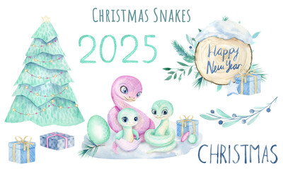 Set Of Hand Drawn Watercolor Cute Christmas Snakes