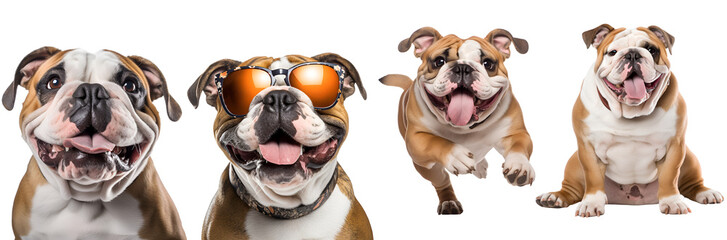 Set of Happy English Bulldogs: Energetic Dogs Demonstrating Various Actions - Running, Playing, Jumping, Sitting, Close-Up, and Stylish in Sunglasses, Isolated on Transparent Background, PNG - obrazy, fototapety, plakaty