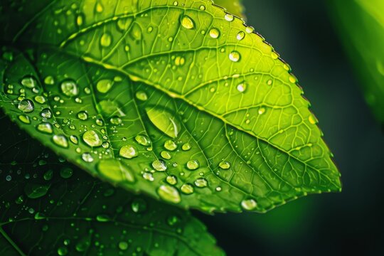Macro shot of water droplets on a vibrant green leaf, nature photography, close-up