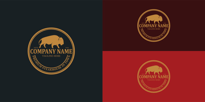 Bison Bull Buffalo Angus Silhouette Steak Vintage Retro Logo in luxury gold color isolated on multiple background colors. The logo is suitable for steak house restaurant business icon logo design