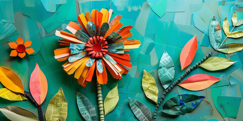 Design with decor of flowers made of paper. Spring and summer illustration using collage technique