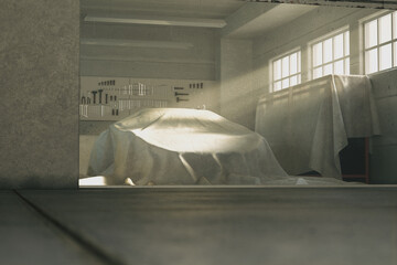 Dusty Garage: Mysterious Aura Surrounding a Covered Vintage Car
