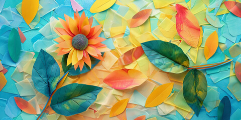 Fototapeta na wymiar Design with decor of flowers made of paper. Spring and summer illustration using collage technique