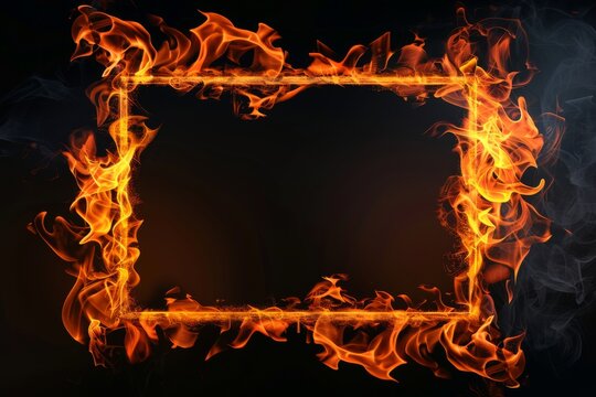 Abstract frame with realistic fire flames on black background, digital illustration