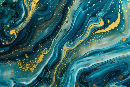Abstract fluid art with swirling blue, green, and gold colors, liquid marble texture, photography