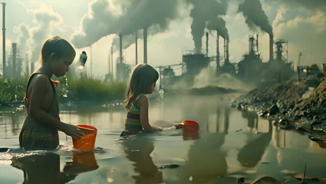 Innocent children drinking polluted water.generative ai