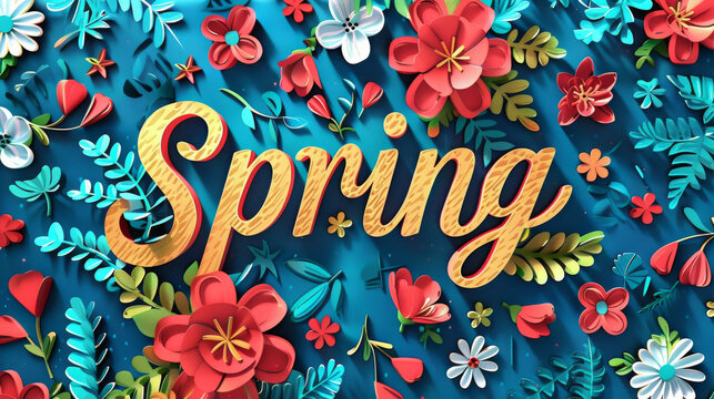 A vibrant word "Spring" stands out against a colorful background in this digital image.