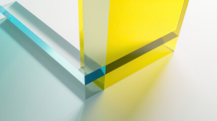 A close up of two different colored glass panels on the right and left, a yellow acrylic box is in front of them against a gradient background with a light blue, light pink, sky blue, white and orange