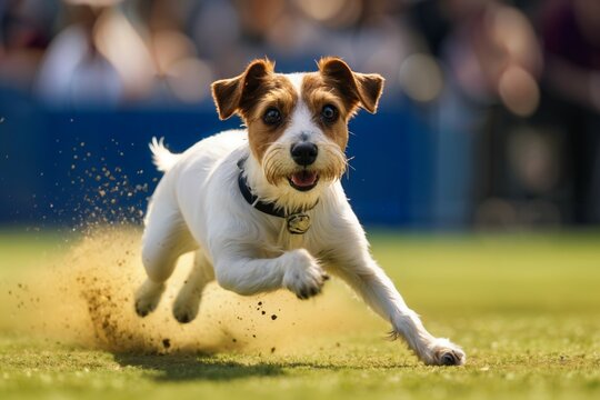 A Jack Russell Terrier competing in a flyball tournament, highlighting its speed and prey drive
