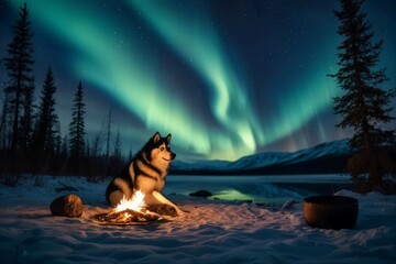 A serene scene of an Alaskan Malamute resting by a campfire under the northern lights - obrazy, fototapety, plakaty