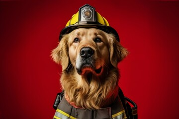 Golden retriever in a firefighter's outfit, posed heroically against a vibrant red studio background