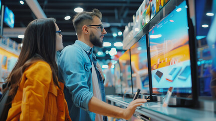 "Electronics Purchase Consultation"
A young couple thoughtfully compares products on a vibrant electronic display in a modern store, symbolizing informed consumer decisions.