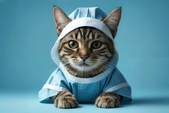 Tabby cat dressed as a nurse, offering a comforting presence, against a soft blue background,