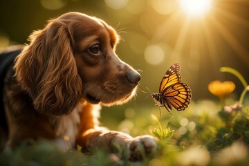 Close-up of a Cocker Spaniel's paw gently touching a butterfly in a sunlit garden