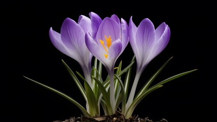 Isolated image of violet crocus spring flower on black background