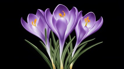 Isolated image of violet crocus spring flower on black background
