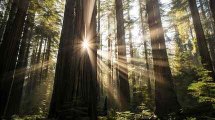 Redwood forest with sunlight filtering through the trees, high resolution photography, natural light,