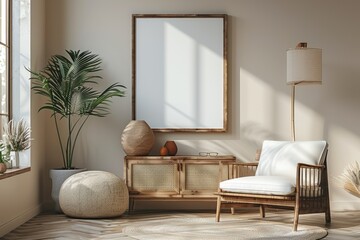 Japandi Inspired Neutral Living Room Interior with Retro Commode