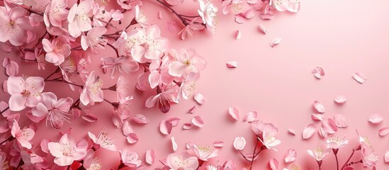 Sakura blossoms in full bloom, set against a pink backdrop with room for a message. Ideal for Valentine's Day, Women's Day, and Mother's Day cards. Image is softened. Seen from above.