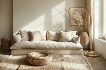 Chic Living Room Interior: Modern Neutral Sofa with Mock-up Poster Frames and Dried Flower Vase