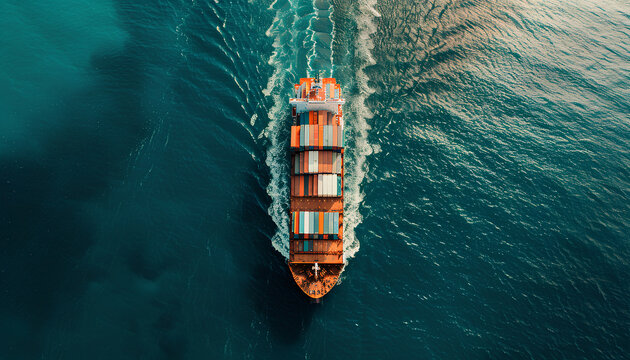 container ship sailing in the ocean top view