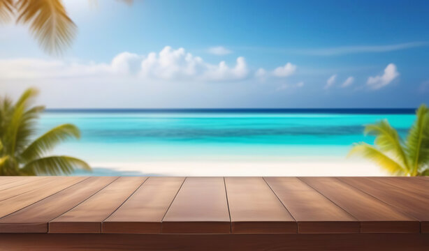 Empty wooden table, bar pier with tropical sunny beach background. Copy space for your promo, text or logo brand. Wood desk board on nature blue sky sea view. Blank tabletop on blur summer ocean scene