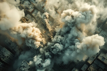 Clouds of smoke and dust after a bomb explosion dropped from a plane onto the city, aerial view
