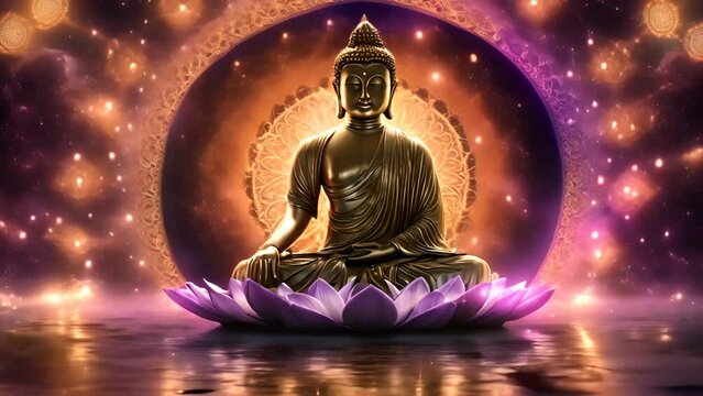 Stone Buddha witj energetic spinning mandala with light, flames and golden river. Heavenly clouds of light swirling around the Golden Gautama Buddha 