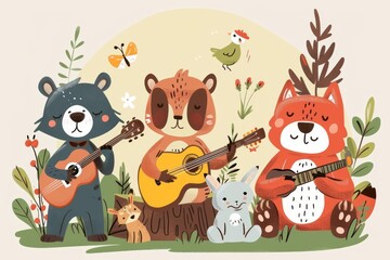 Obraz na płótnie Canvas Cute cartoon animals playing music in a forest band, childrens illustration