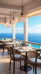 A restaurant with a view of the ocean. The tables are set with white tablecloths and the chairs are blue