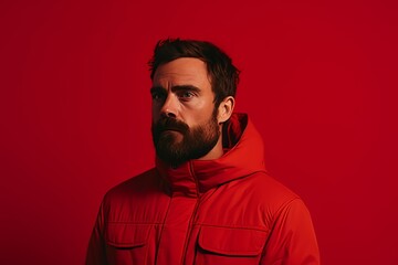 Bearded man in a red jacket on a red background. Men's beauty, fashion.