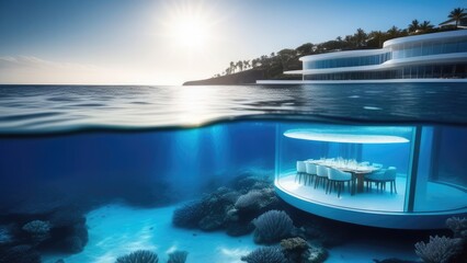 A large dining table is in a glass dome in the middle of the ocean. The table is surrounded by chairs and is set for a large dinner party. The scene is serene and peaceful. Underwater restaurant