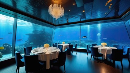 Underwater restaurant. A restaurant with a blue ocean theme. The walls are decorated with fish and coral. The tables are set with silverware and wine glasses.  - obrazy, fototapety, plakaty