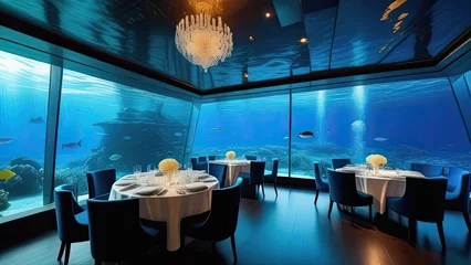 Foto op Plexiglas Underwater restaurant. A restaurant with a blue ocean theme. The walls are decorated with fish and coral. The tables are set with silverware and wine glasses.  © Sarbinaz Mustafina