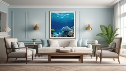 A living room with a large framed picture of a coral reef on the wall. The room is decorated with...