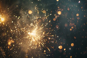 Fireworks exploding in night sky, Happy New Year celebration background, copy space - obrazy, fototapety, plakaty