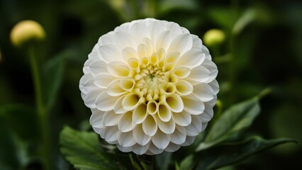 Isolated white dahlia flower features a striking yellow center