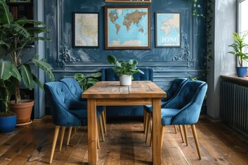 Fototapeta na wymiar Modern Cozy Dining Room: Stylish Craft Wooden Accents and Velvet Sofa