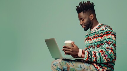 Man in patterned sweater using laptop and holding coffee cup. Studio portrait with green background