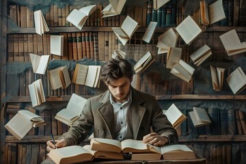 A young man writes poetry surrounded by floating books as a critic reviews his work. Concept Writing, Poetry, Critique, Books, Inspiration - obrazy, fototapety, plakaty