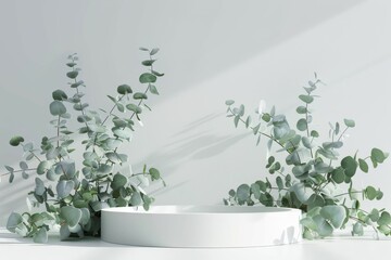 Green eucalyptus leaves on white podium display, natural cosmetic product presentation mockup, 3D illustration.