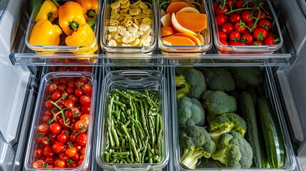 Top View food in containers in the refrigerator.