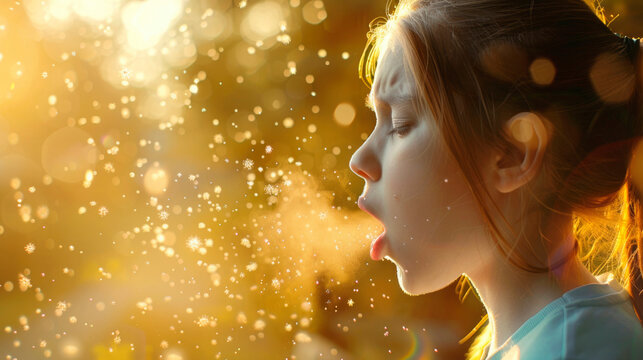 close-up, sick girl coughing, drool flying out of her open mouth, white bokeh in the light, dust, germs, outdoor allergies