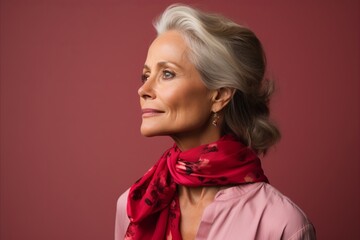 Portrait of a beautiful senior woman in a red silk scarf.