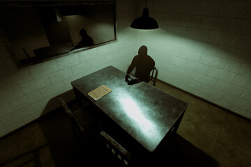 Intense Scene in a Dark Interrogation Room with a Shadowy Silhouette Seated